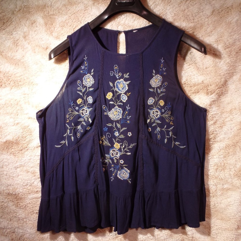 Navy blue floral embroidered sleeveless peasant blouse XL